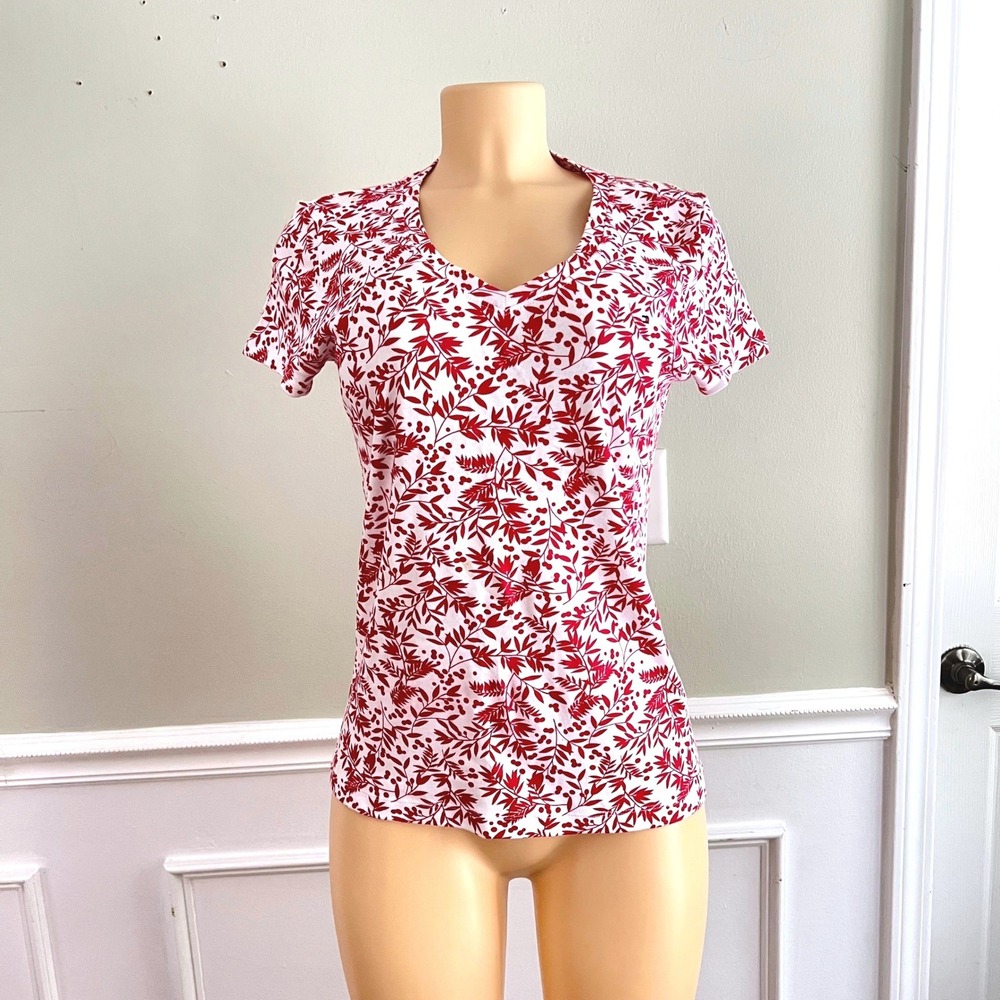 Tommy Hilfiger T-Shirt Womens Sz M V-Neck Floral Leaf Print Red White